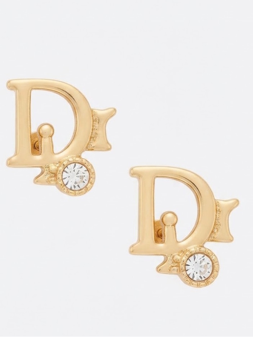 Gold Tine Letter D Stud Earrings with Clear Crystal